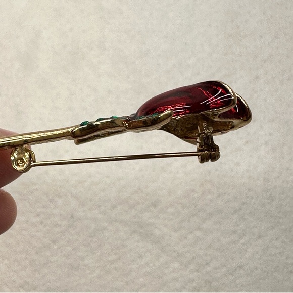 Vintage Red Enamel Rose Gold Tone with Green Rhinestones Brooch Pin - Picture 4 of 5